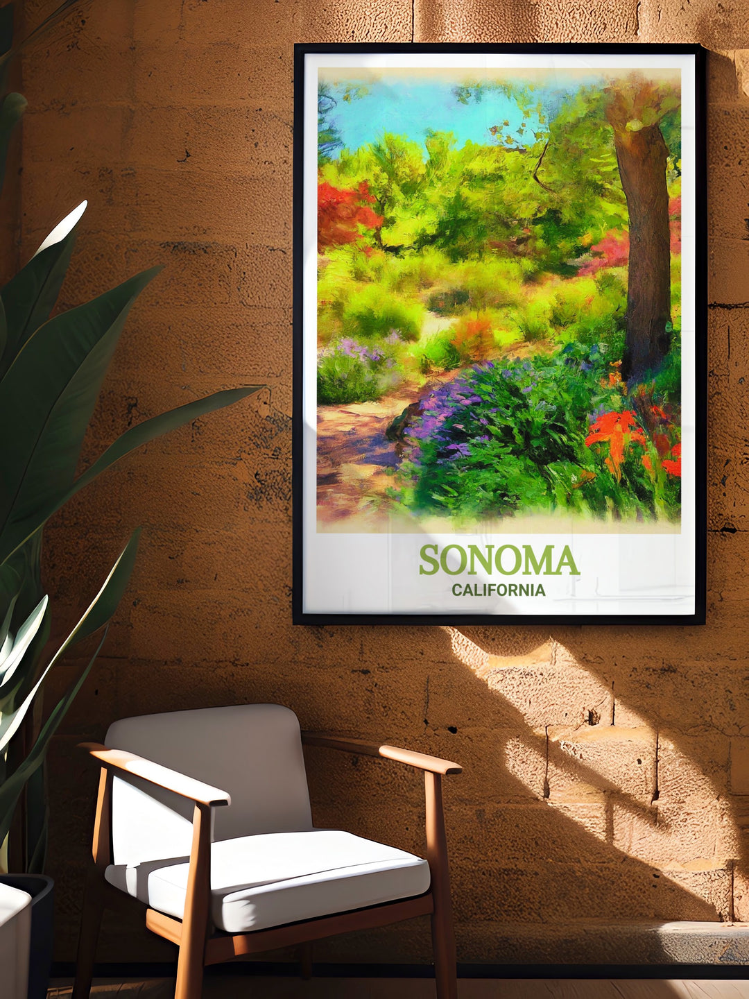 Beautiful Sonoma travel print featuring a city map in black and white paired with Quarryhill Botanical Garden modern prints. This stylish art print is ideal for living room decor or as a special gift for birthdays anniversaries or Christmas.