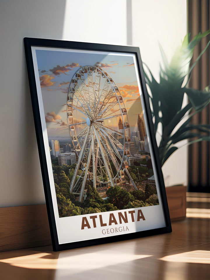 Atlanta travel print featuring SkyView Ferris Wheel is perfect for anyone looking to bring a piece of the city into their home. This beautiful Atlanta print is ideal for modern decor and makes a thoughtful gift for any special occasion.