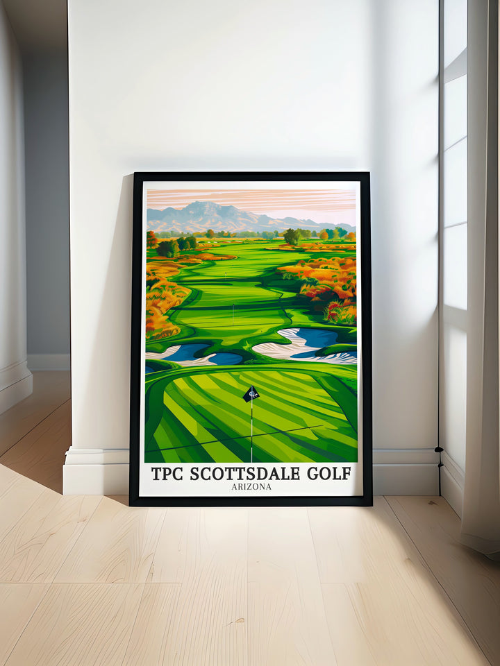 TPC Scottsdale travel print capturing the excitement of the par 3 16th hole, a fan favorite during the Phoenix Open. This piece of art is ideal for golfers and sports enthusiasts who want to bring a piece of Arizonas iconic course into their décor.