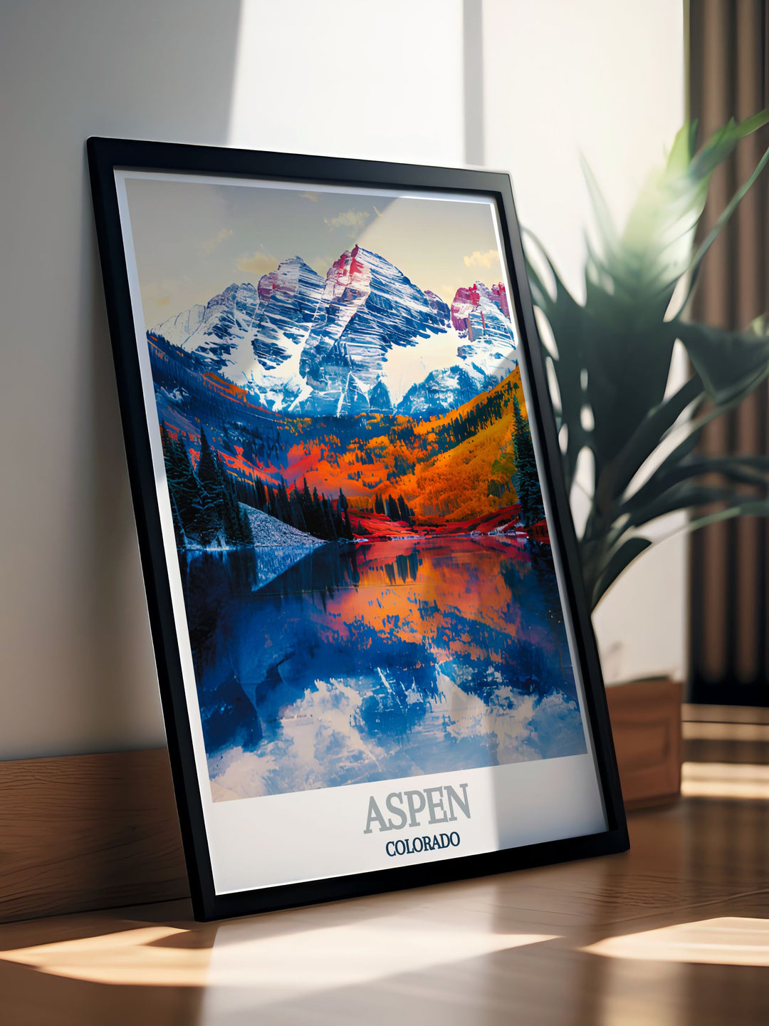 This vibrant travel poster captures Aspens winter charm, highlighting its famous ski slopes and historical town center, ideal for those who love winter sports and picturesque mountain towns.