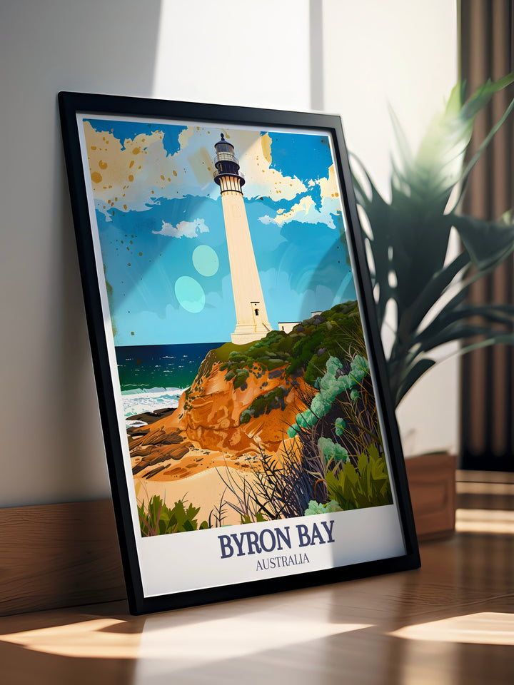 Fine Line Print of Byron Bay with Main Beach and Byron Bay Lighthouse a perfect gift for special occasions like anniversaries or birthdays. This detailed city print adds a modern and elegant touch to your decor.