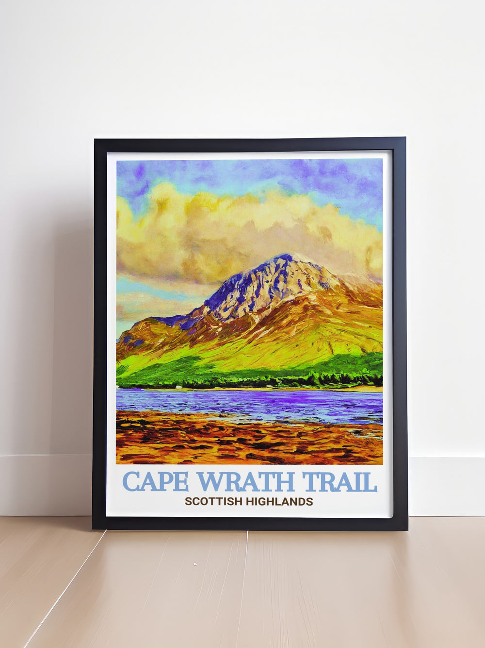 Cape Wrath Art Print captures the essence of Scotlands remote and rugged landscapes, featuring the stunning coastlines and challenging paths of the Cape Wrath Trail. This print is perfect for hikers and lovers of Scotlands wild beauty.