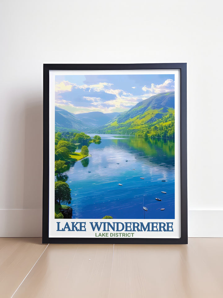 Lake Windermere Framed Art highlights the scenic beauty of the Lake District, with its serene waters and picturesque hills. This travel poster is ideal for those who love nature and adventure, bringing the peaceful charm of Cumbria into their living space.