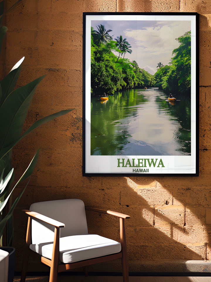 This vintage inspired Haleiwa Poster captures the peaceful flow of the Anahulu River Haleiwa River and the scenic cityscape of Hawaii Perfect for personalized gifts and home decor it offers a warm color palette and modern art flair