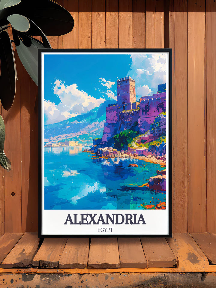 Add a splash of color and history to your walls with this Alexandria Egypt art print featuring the Citadel of Qaitbay Pharos Lighthouse. This fine line print showcases the intricate details of the citys most famous landmarks, making it a perfect addition to any art collection.