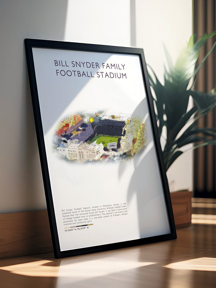 Eye catching Wildcats print with a detailed view of Bill Snyder Family Stadium a great addition to any dorm room or living space celebrating the rich history and thrilling moments of Kansas State football.