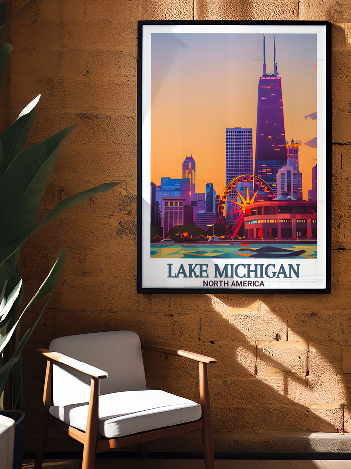 Navy Pier Wall Art and Lake Michigan Poster create a serene coastal vibe, perfect for gifting on special occasions like birthdays and anniversaries. The artwork provides a blend of nature and travel that fits in modern decor.