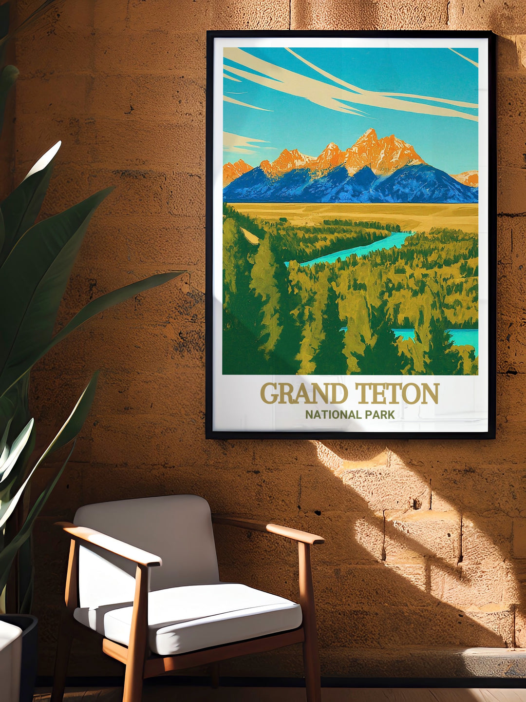 Experience the natural beauty of Grand Teton National Park with this Snake River Overlook travel poster. The detailed depiction of the rivers winding path and the towering Tetons makes this artwork a standout piece, perfect for adding a touch of Americas wilderness to your decor.