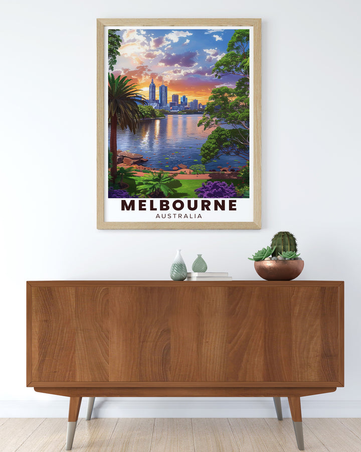 The Melbourne Travel Print captures the Royal Botanic Gardens, one of the citys most beloved green spaces, in a detailed and elegant design. Perfect for lovers of city art and nature, this framed print makes a stunning addition to any space.