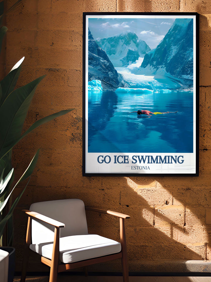 The Ice Swimming Poster celebrates the thrill of outdoor adventure in Antarctica, showcasing brave swimmers taking on the icy waters of the Ross Ice Shelf. This framed art print is a unique gift for lovers of cold water sports and wild swimming.