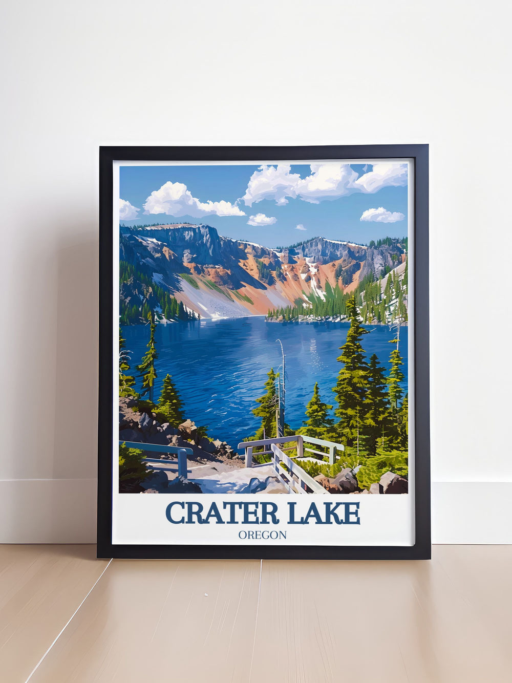 This national park poster captures the serene beauty of Crater Lake and the inviting waters of Cleetwood Cove, perfect for adding a touch of Oregons natural wonder to your decor.