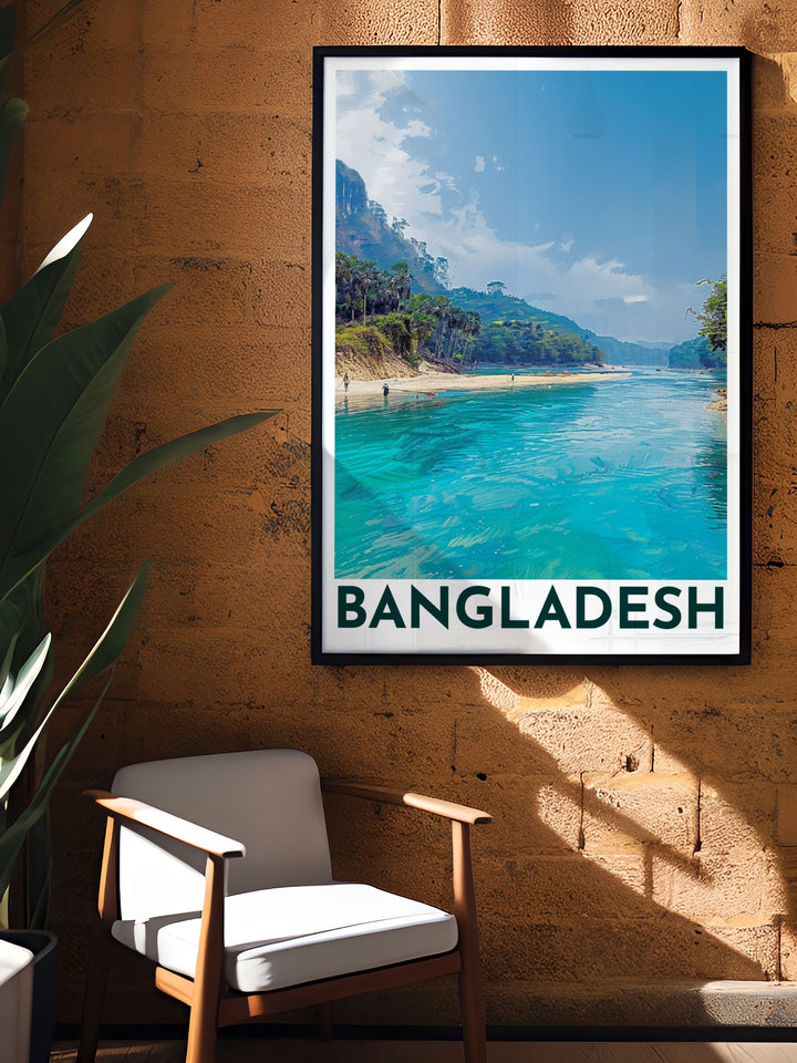 The tranquil beauty of Lalakhals waters, with traditional wooden boats gliding through the vibrant river, is depicted in this detailed illustration, offering a glimpse into one of Bangladeshs hidden gems.