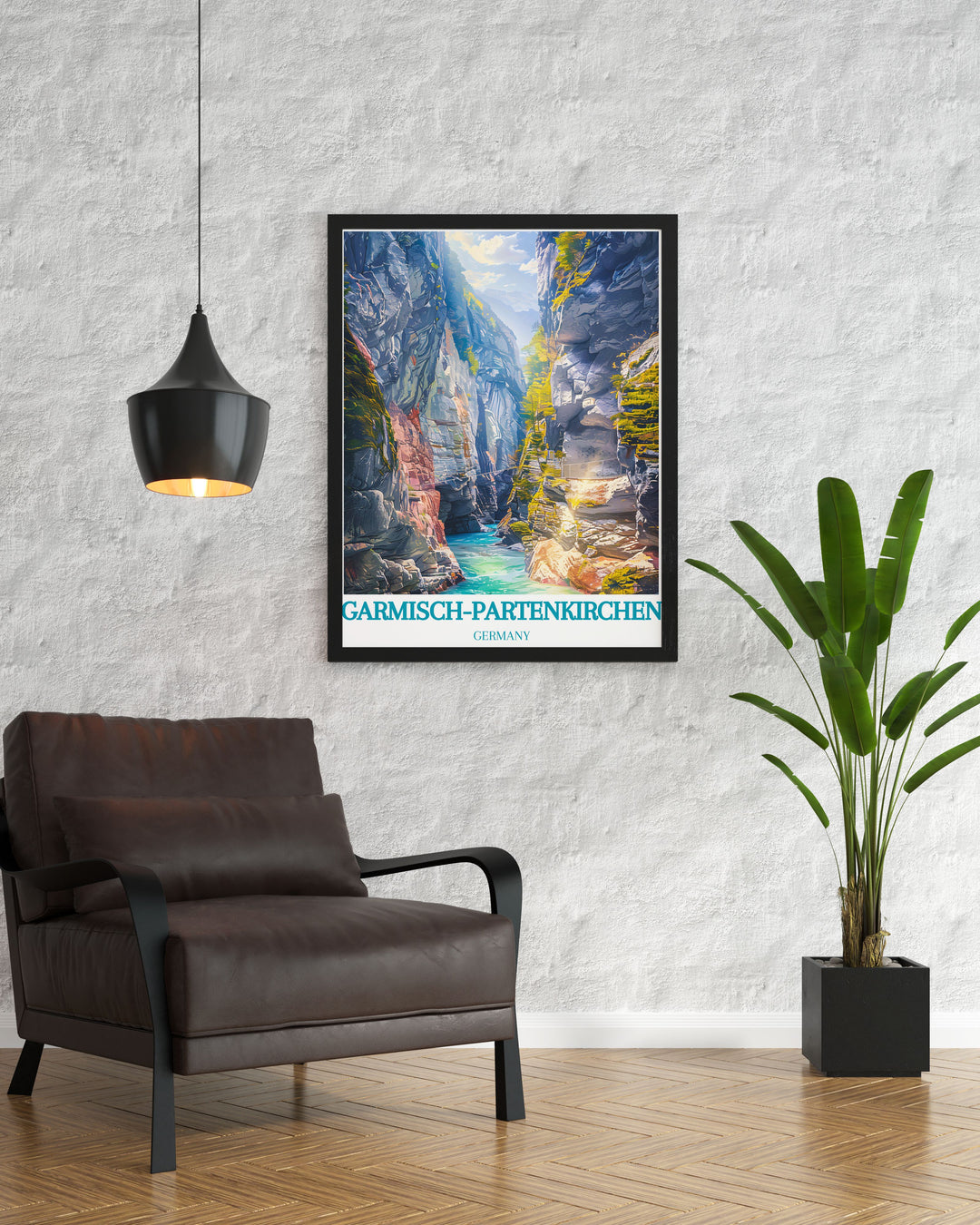 Framed artwork depicting the serene beauty of Partnach Gorge, showcasing the peaceful shoreline, clear waters, and stunning limestone walls, ideal for those who love the tranquil and majestic beauty of the Bavarian Alps.