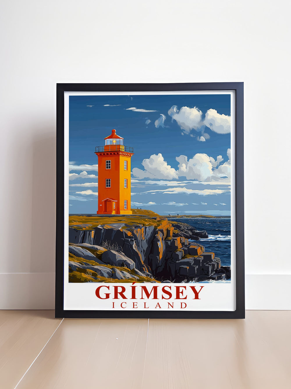 Showcasing the enchanting Northern Lights over Grimsey, this travel poster brings the magical beauty of the Aurora Borealis into your living space, perfect for creating a serene atmosphere.