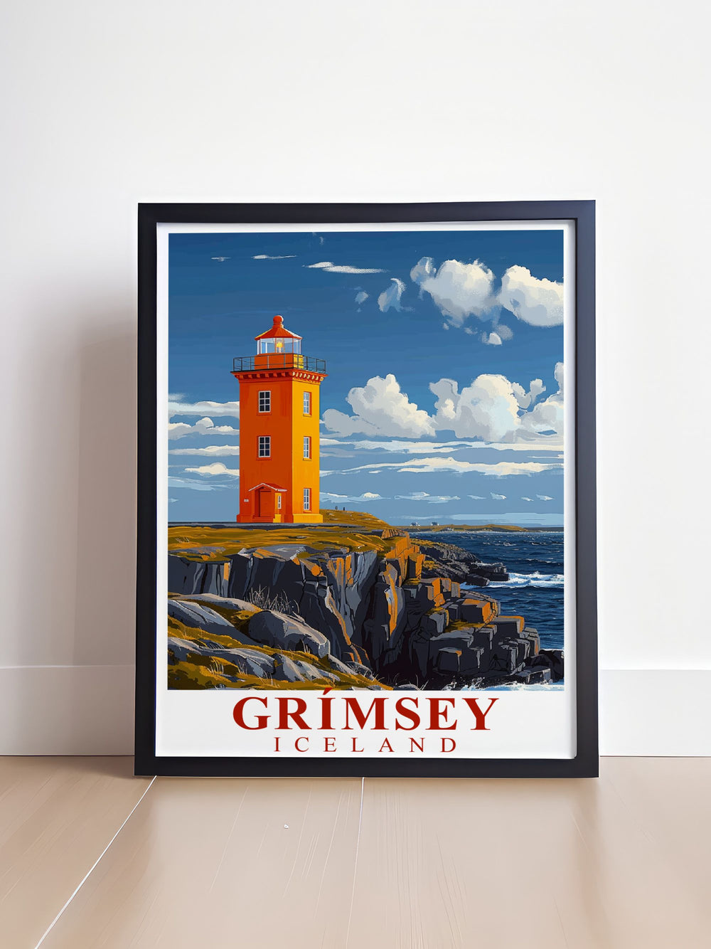 Explore the wonders of Grimsey Island with this Grímsey Lighthouse Travel Print, featuring the stunning Northern Lights and Arctic wildlife. Ideal for those who admire Icelands remote and rugged landscapes.