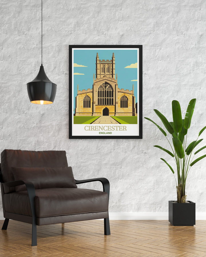 This vintage inspired poster of Cirencesters Parish Church of St. John Baptist highlights the timeless beauty of one of Englands most significant churches. A must have for lovers of historical architecture and English culture.