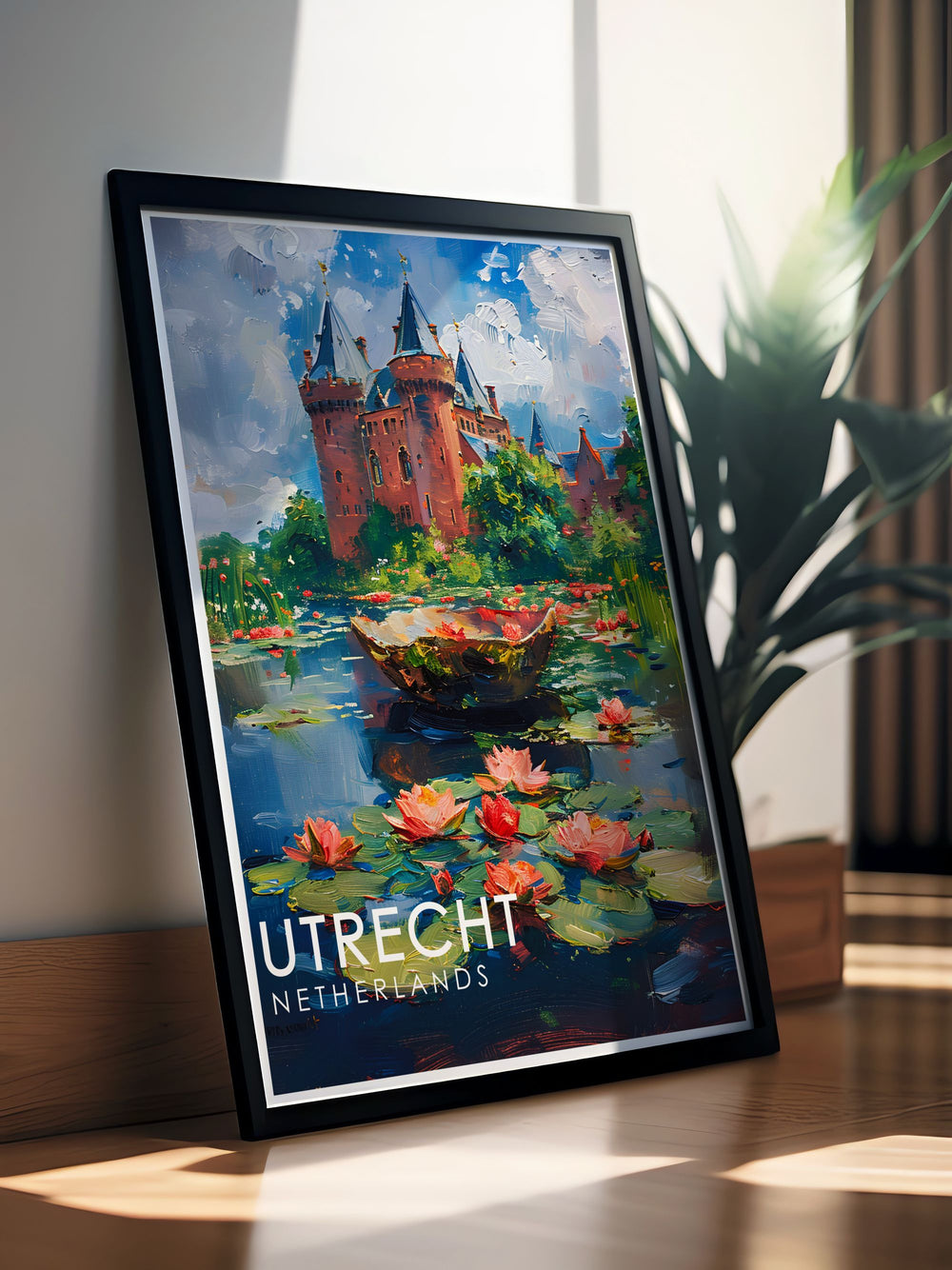Bring a touch of the Netherlands into your home with this Utrecht travel print, showcasing De Haar Castle. This elegant poster makes a thoughtful gift for anniversaries, birthdays, or as a Christmas gift for travelers.