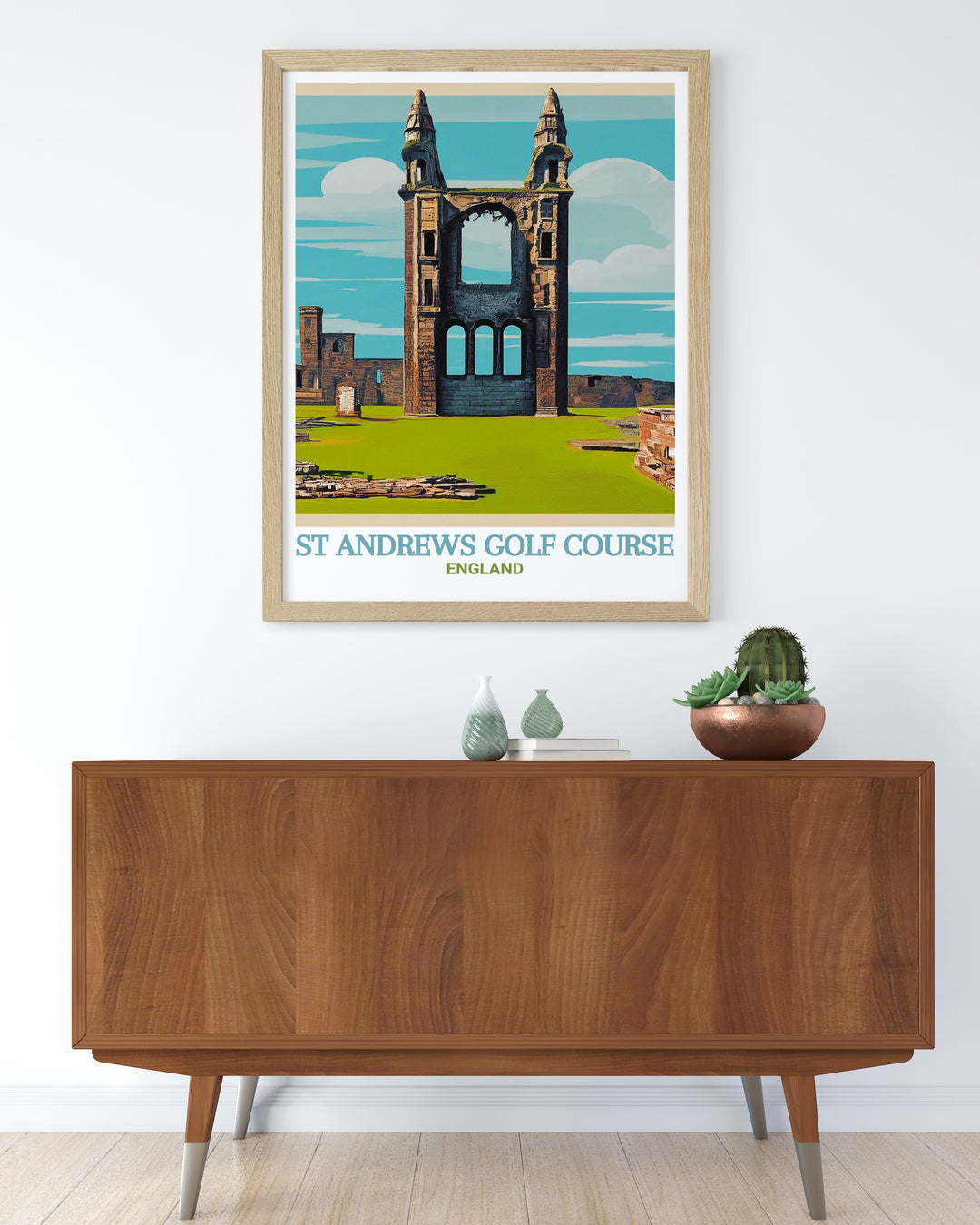 Framed art of St Andrews, showcasing the legendary Golf Course and the historic Cathedral in stunning detail. This artwork is a perfect blend of Scotlands sporting and architectural heritage, making it an elegant addition to any room.