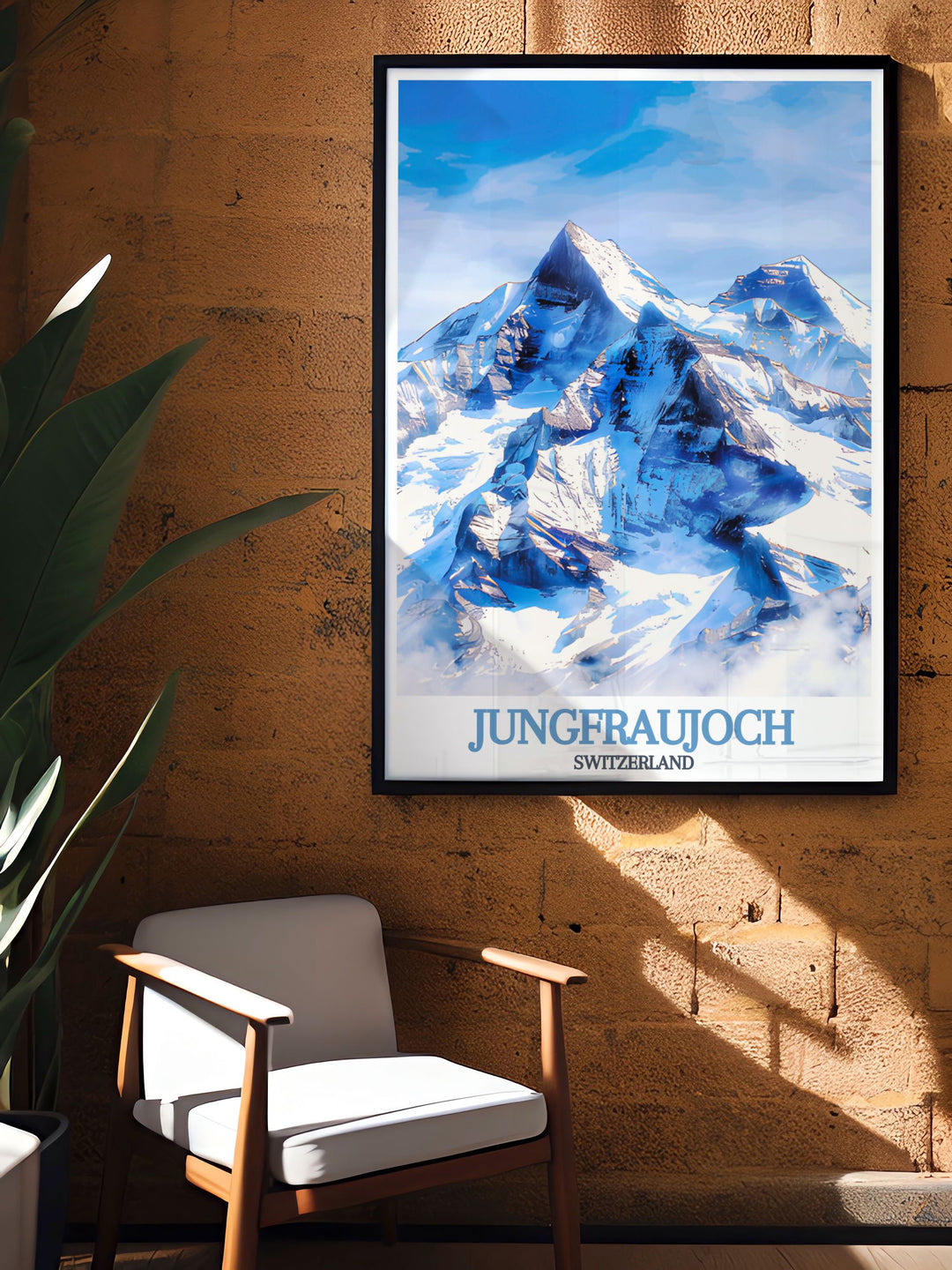 Highlighting the trio of Eiger, Mönch, and Jungfrau, this travel poster brings the stunning alpine scenery of Switzerland into your home. The detailed illustration captures the unique allure of each peak, making it perfect for those who love mountain adventures and natural beauty.