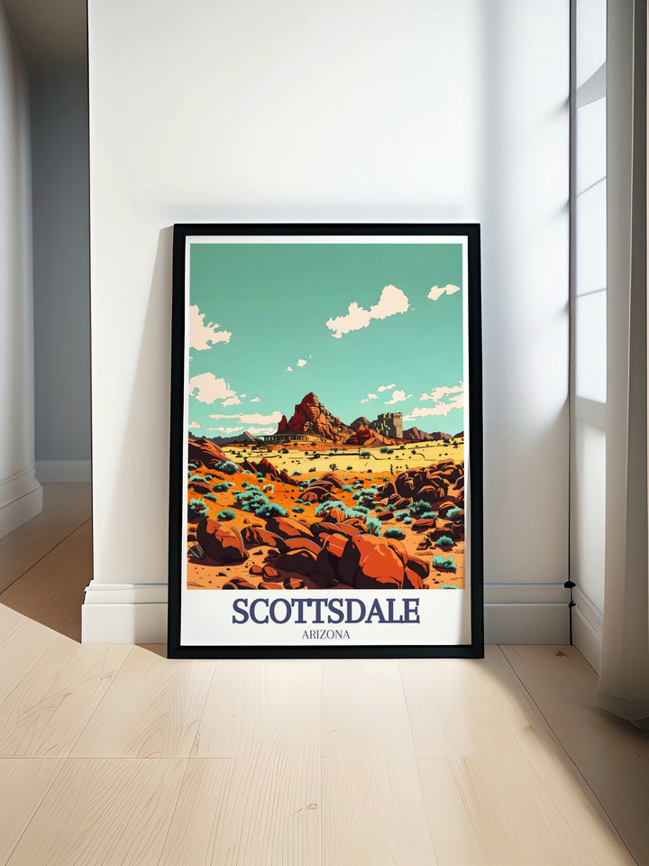 This Scottsdale travel print highlights the citys natural and architectural wonders, including Camelback Mountain and Taliesin West. The perfect artwork for those who cherish Arizonas desert beauty and rich cultural history.