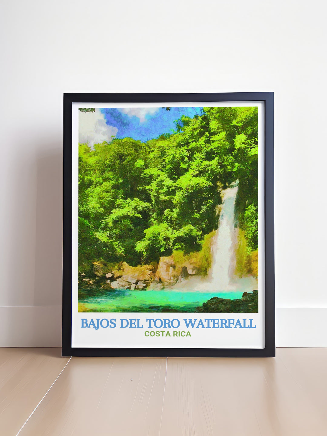 This Costa Rica travel poster features the magnificent Bajos del Toro Waterfall, beautifully capturing the essence of the rainforest. The vivid imagery brings the lush environment of Costa Rica into your home, perfect for those who love nature inspired art.