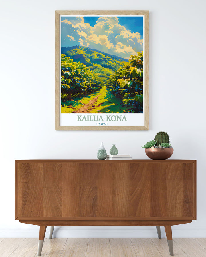 An elegant art print featuring Kona Coffee Farms, emphasizing their serene beauty and historical relevance. The colorful illustration brings the farms rich history and natural scenery to life.