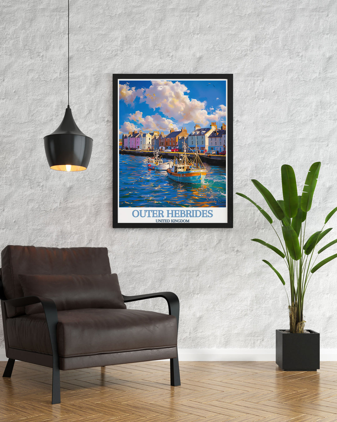 Beautifully framed print of South Uist and Stornoway Harbour offering a glimpse into the enchanting scenery of the Scottish islands perfect for wall decor