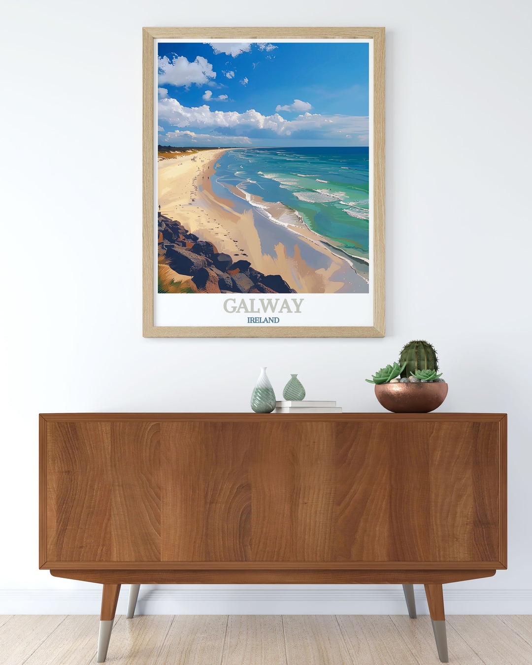 Celebrate both nature and urban life with this Galway Print, featuring the citys iconic streets and the tranquil Silverstrand Beach. The black and white fine line design adds a modern and timeless touch to your space.