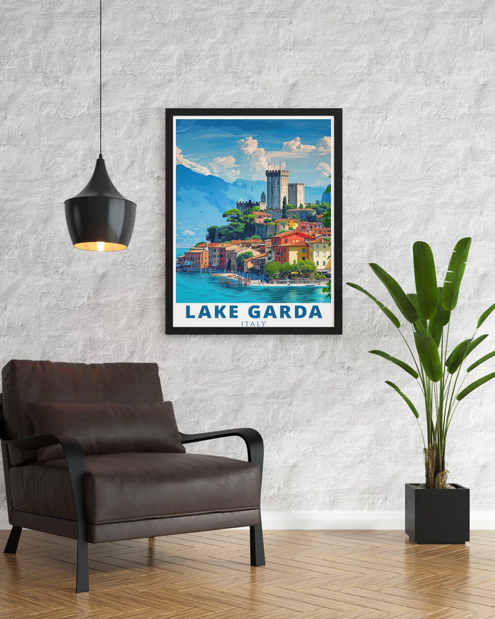 This Italy travel print of Lake Garda and Malcesine combines vivid colors and timeless Italian charm. Whether youve visited before or dream of going, this artwork offers a beautiful reminder of Italys breathtaking landscapes.