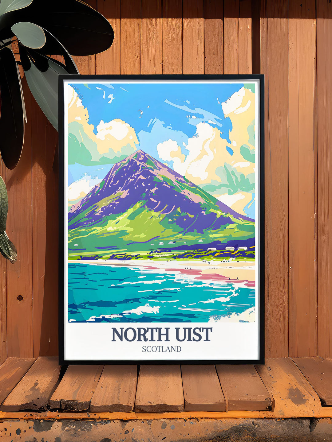 Celebrate Scotlands natural beauty with this North Uist travel print featuring Eaval Mountain and Sollas Beach. Whether for your home or office, this framed art captures the stunning scenery of the Outer Hebrides, making it a perfect piece of decor for nature lovers.