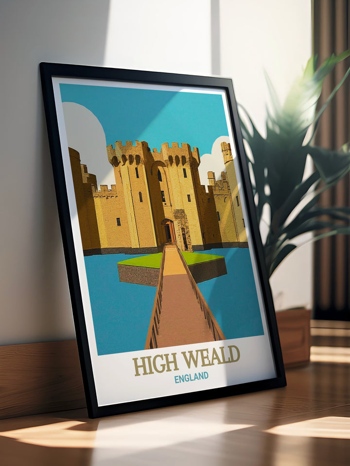 Bodiam Castle and High Weald poster showcasing the enchanting landscapes of Kent and Sussex with retro artwork that captures the timeless beauty of the British countryside ideal for framing and enhancing your home decor.