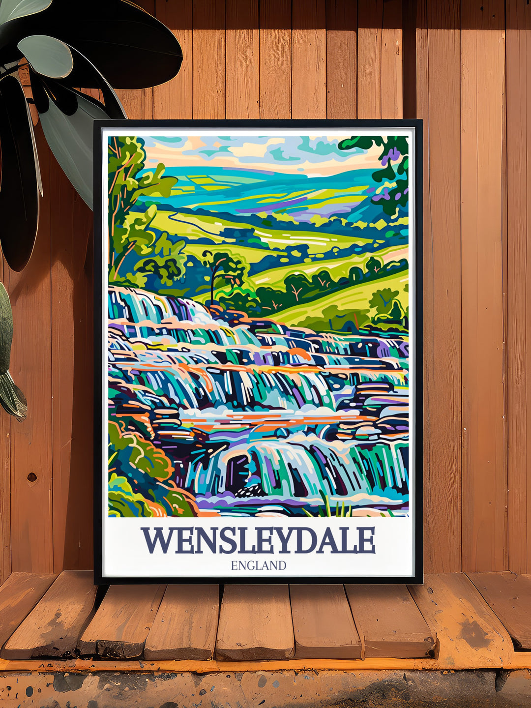 Bring the peaceful scenery of Wensleydale into your space with this Aysgarth Falls travel poster. The Yorkshire Dales print offers a calming view of North Yorkshires iconic waterfalls and landscapes, perfect for framing and displaying in any room.