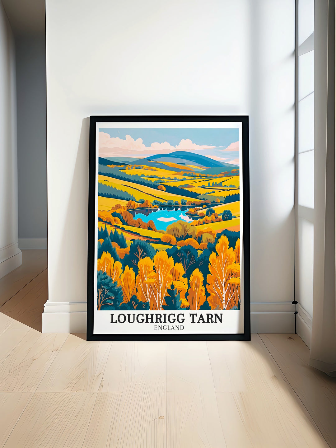 Loughrigg Tarn and Langdale Pikes art deco travel posters showcasing vibrant landscapes and serene waters of Lake District National Park. These framed travel posters are ideal for adding a touch of European elegance to your wall decor. Experience the charm of Lake District National Park through our beautifully crafted art deco travel posters.