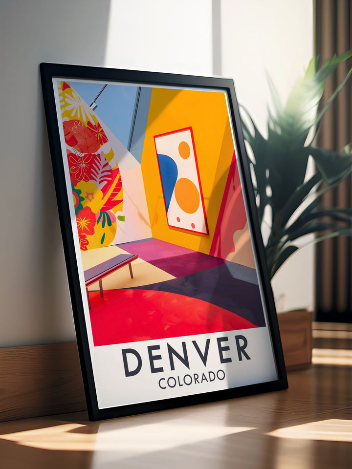 This travel poster captures Denvers skyline with its modern architecture and the majestic Rocky Mountains, perfect for any home decor and adding a touch of Colorados charm.