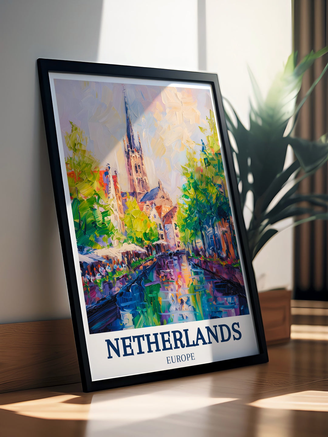 Beautifully designed Netherlands Print featuring the majestic Delft New Church this minimal travel print adds a touch of elegance to any room making it a perfect gift for lovers of Dutch culture and architecture