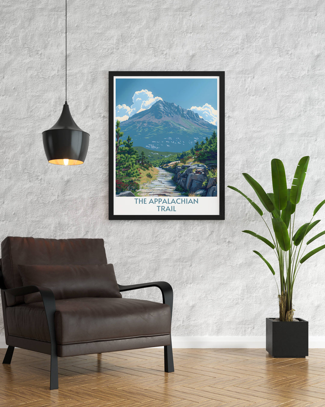 A panoramic depiction of Mount Katahdin, this print highlights the mountain’s peak against a backdrop of expansive forest.