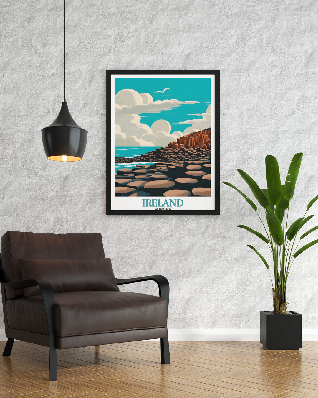 Highlighting both the rugged beauty of Giants Causeway and the energetic city of Dublin, this travel print offers a unique view of two of Irelands most famous landmarks, perfect for those with a love for Irish history and adventure.