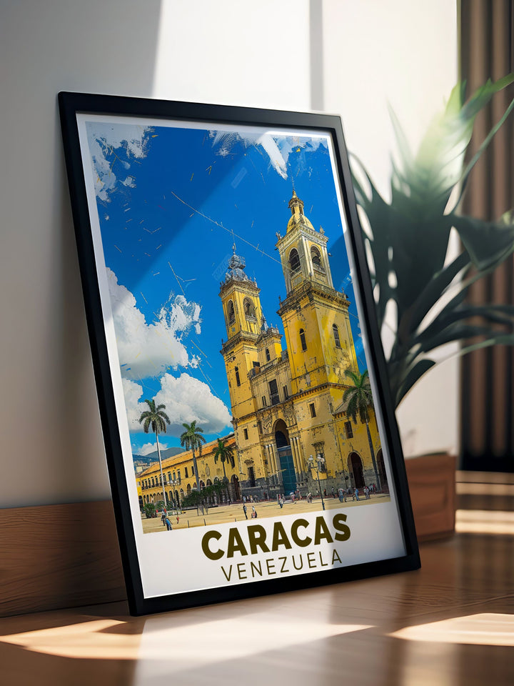 Highlighting the iconic presence of Plaza Bolivar and the vibrant culture of Caracas, this travel poster is perfect for those who appreciate the historical and cultural richness of Venezuela.