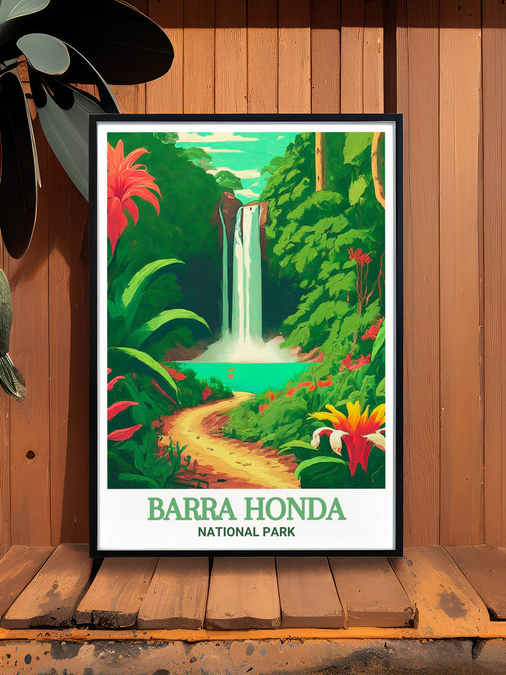 Costa Rica Framed Art displays the vibrant and diverse beauty of Costa Rica, focusing on the natural wonders of Barra Honda National Park and La Cascada Trail. This print is an excellent choice for enhancing your home decor or as a thoughtful gift for nature enthusiasts.