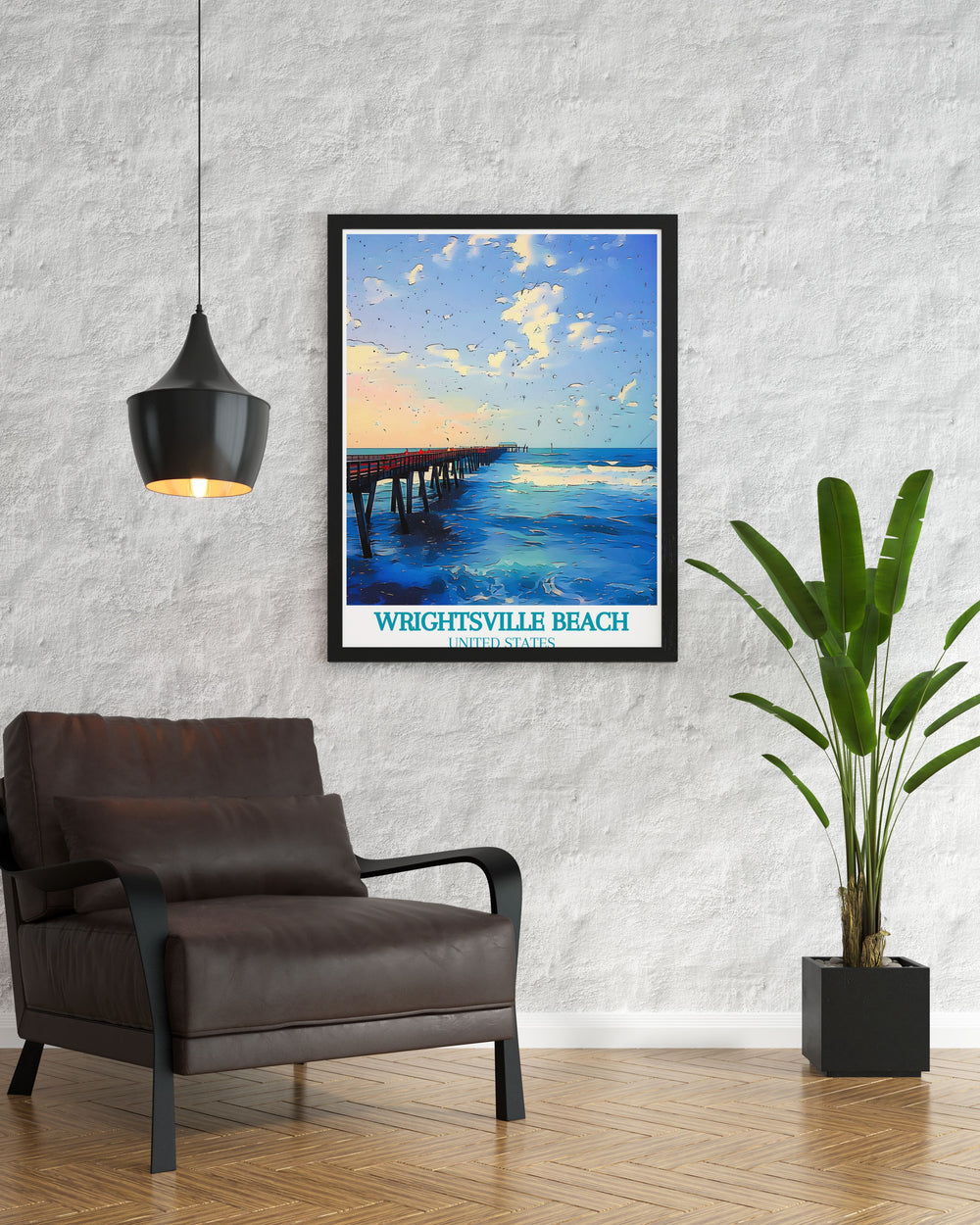 Johnnie Mercers Pier in Wrightsville Beach is beautifully depicted in this vintage inspired art print. The minimalist poster captures the coastal charm of North Carolina making it an ideal choice for beach lovers and those who appreciate aesthetic wall art prints.