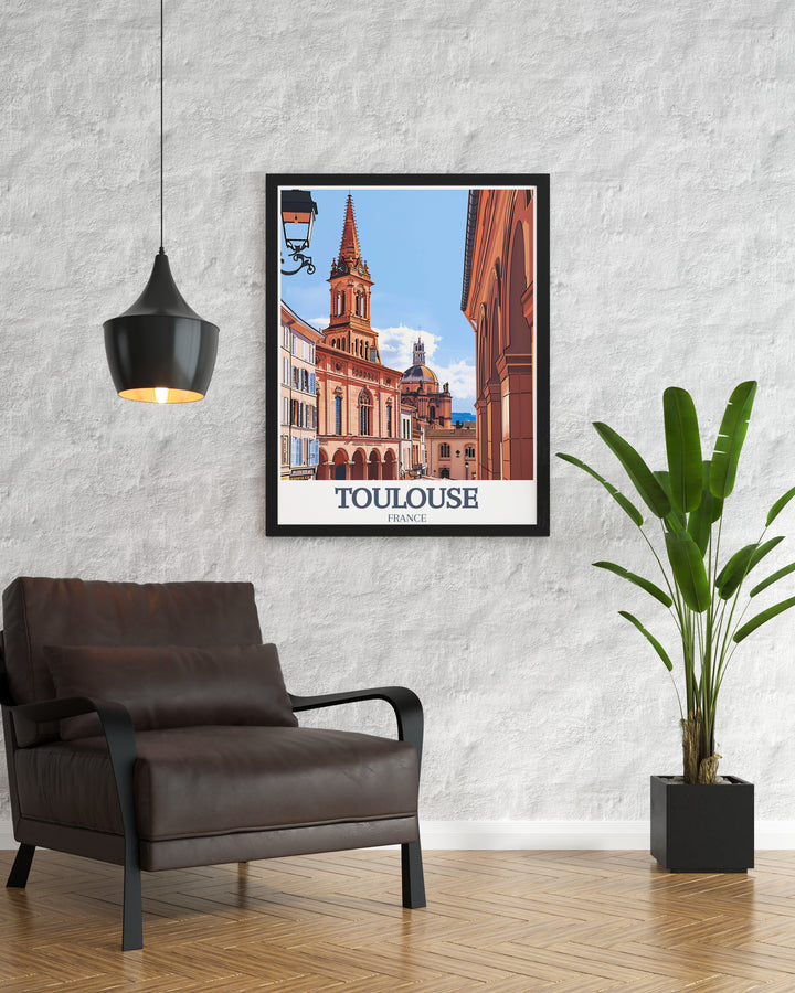 Our Toulouse poster print highlights the beauty of the Place du Capitole and the grandeur of the Basilica of Saint Sernin, capturing the spirit of one of Frances most iconic cities. Perfect for those who love French history, this framed print is a must have for any space.