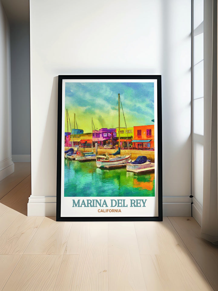 Colorful Marina del Rey art print featuring a detailed city map design perfect for any room. The vibrant fine line print is complemented by Fishermans Village artwork creating a stunning decor piece ideal for gifts and wall art enthusiasts.