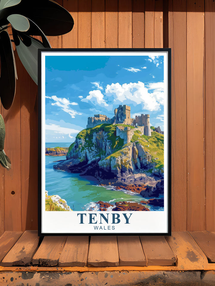 Tenby Castle and St. Catherines Island are featured in this elegant framed print capturing the coastal beauty of South Wales. Perfect for home decor and art lovers this Tenby travel poster makes a unique and thoughtful gift.