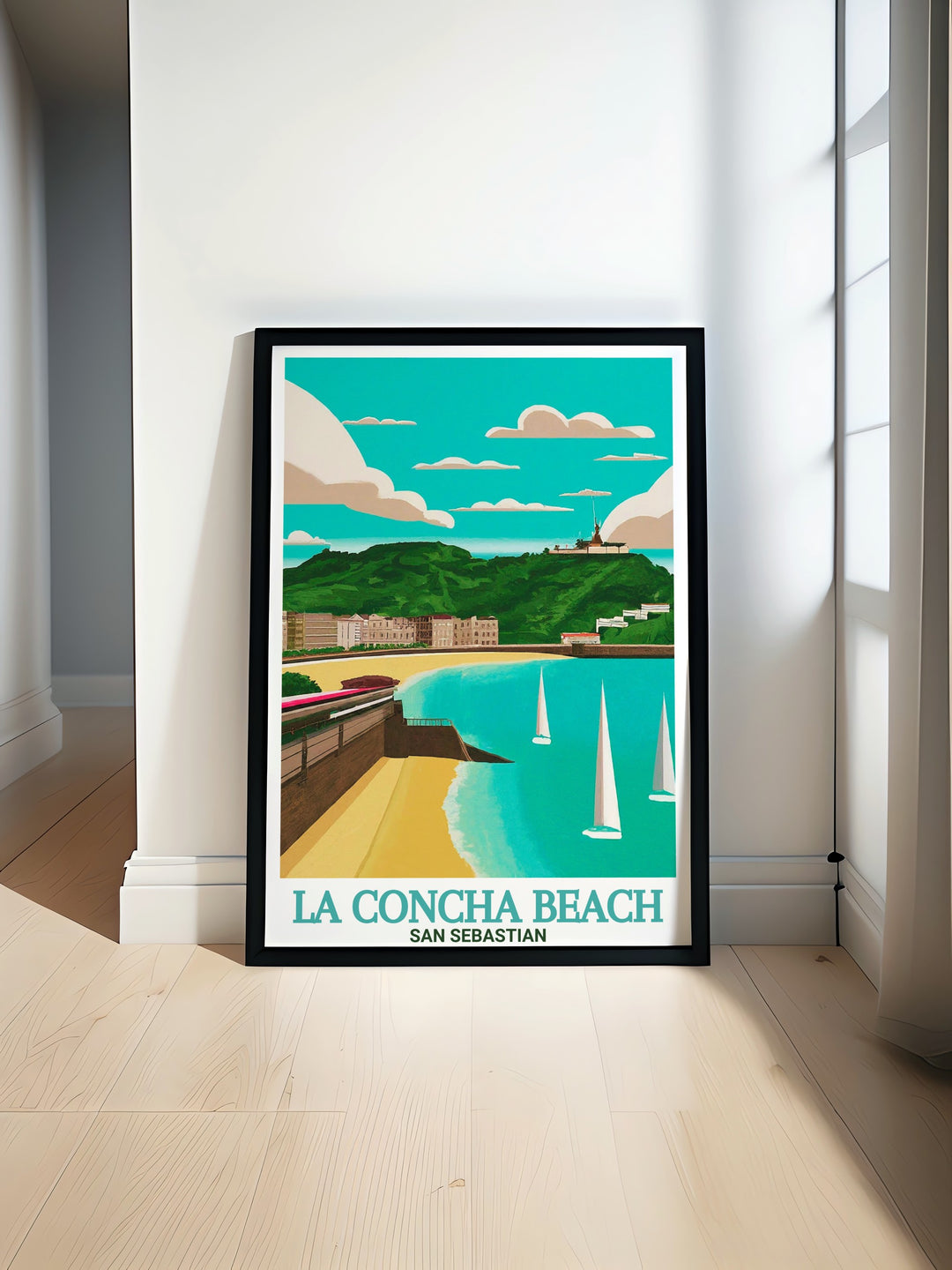 La Concha Beach art print showcases one of Spains most iconic urban beaches in San Sebastián. Perfect for anyone looking to decorate their home with coastal vibes, this print captures the essence of Spains seaside beauty.