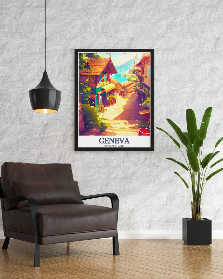 Celebrate the beauty of Genevas Carouge District with this stunning travel print, showcasing the charm of Place Marché. The elegant artwork makes for a perfect addition to home decor, adding a touch of Swiss sophistication to your space.