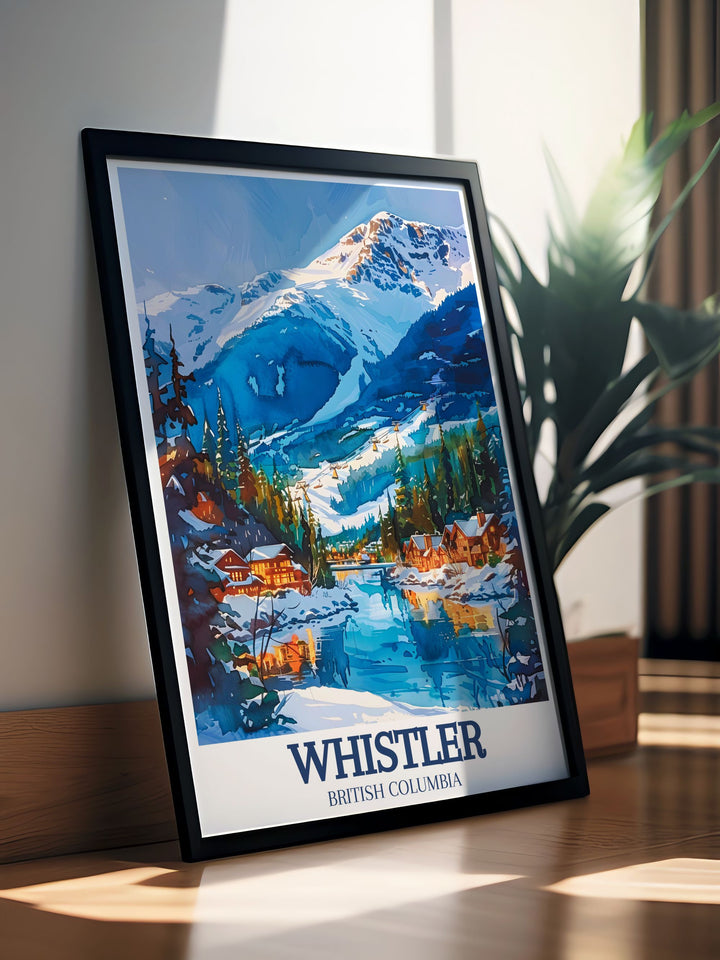 Whistler poster featuring the world class skiing destination nestled in the Coast Mountains designed to inspire and captivate bringing the beauty of the outdoors indoors
