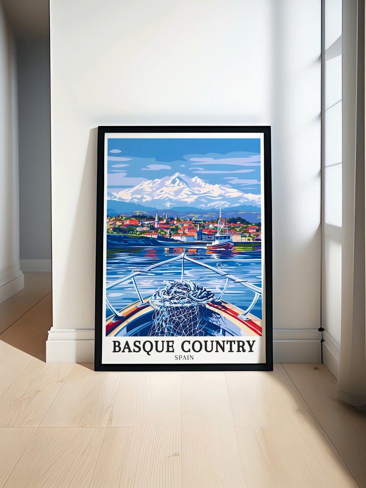 A vibrant wall print of the Basque Country, showcasing the rich culture of Hondarribia and the natural grandeur of the Pyrenees mountains. This travel print is an excellent choice for those who appreciate the blend of history, art, and nature.