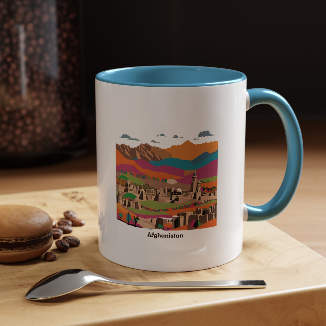 An elegant Afghanistan Mug showcasing vibrant colors inspired by Afghan landscapes and culture. This ceramic mug is dishwasher and microwave safe, combining durability with stunning artwork. Ideal for daily coffee rituals or as a meaningful keepsake gift.