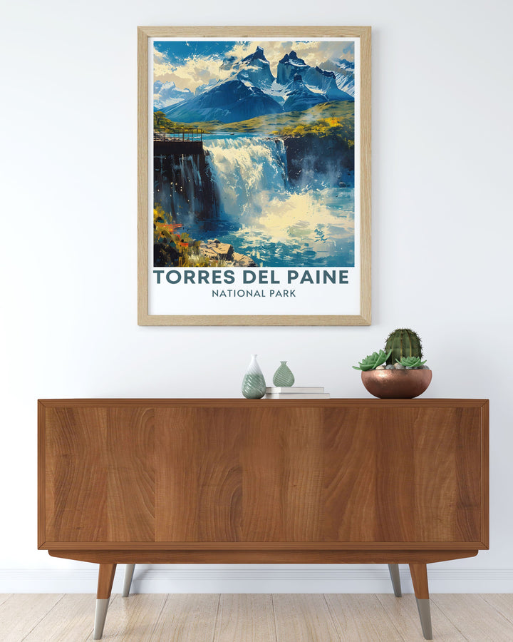 National Park poster highlighting the stunning Salto Grande in Patagonia Chile. This framed print is perfect for enhancing your living space with the breathtaking scenery of South America ideal for travel lovers.