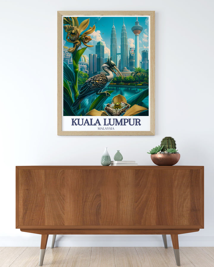 Perdana Gardens and Petronas Towers travel art capturing Kuala Lumpurs blend of futuristic architecture and peaceful botanical gardens. This poster print is perfect for decorating your home with a piece that represents Malaysias diverse landscapes.